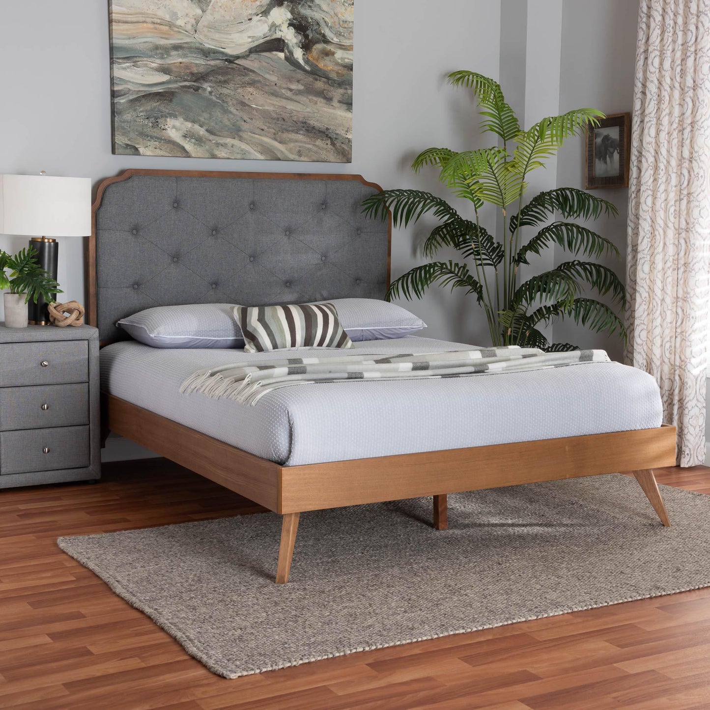 Baxton Studio Lorana Mid-Century Modern Grey Fabric and Walnut Brown Wood Queen Size Platform Bed FredCo