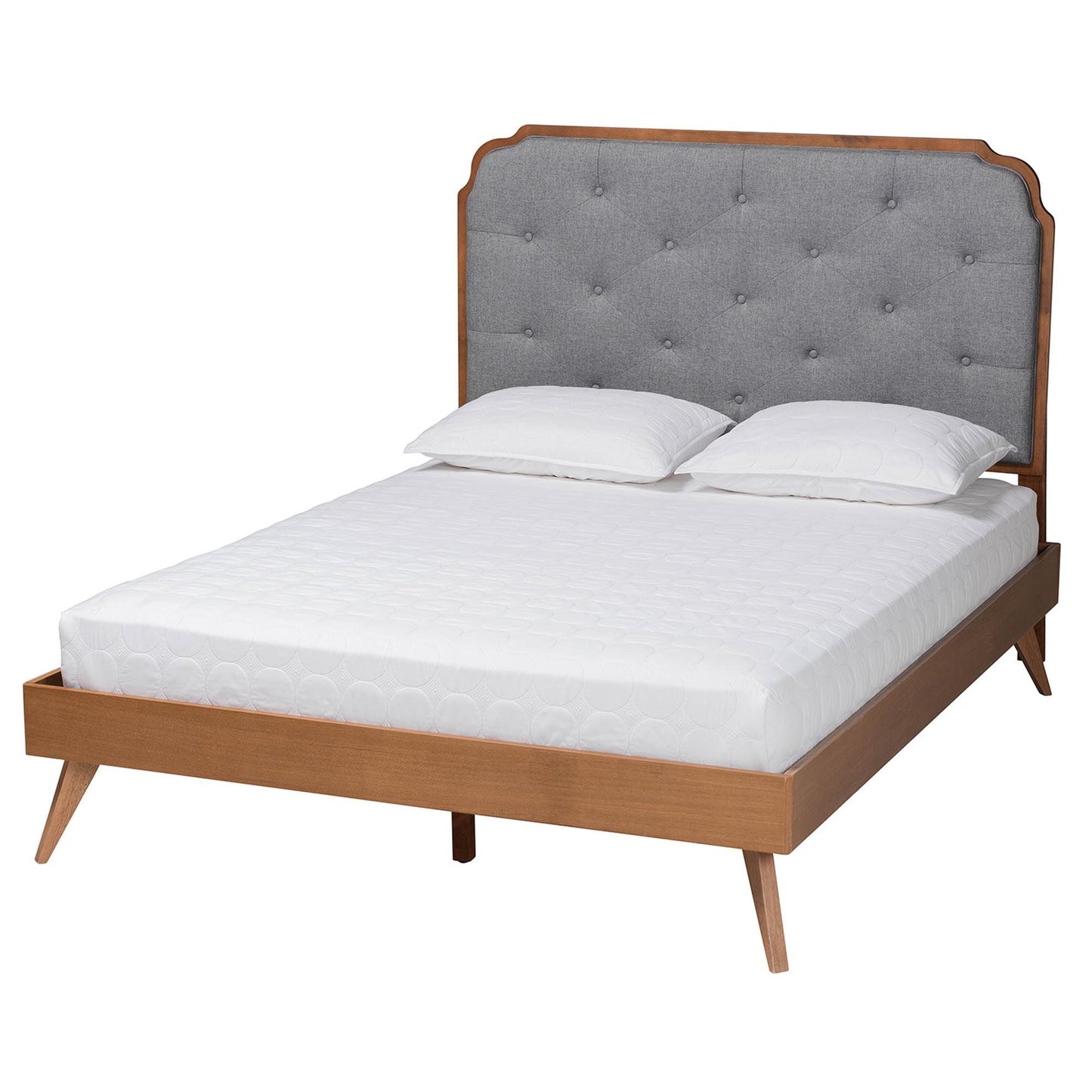 Baxton Studio Lorana Mid-Century Modern Grey Fabric and Walnut Brown Wood Queen Size Platform Bed FredCo