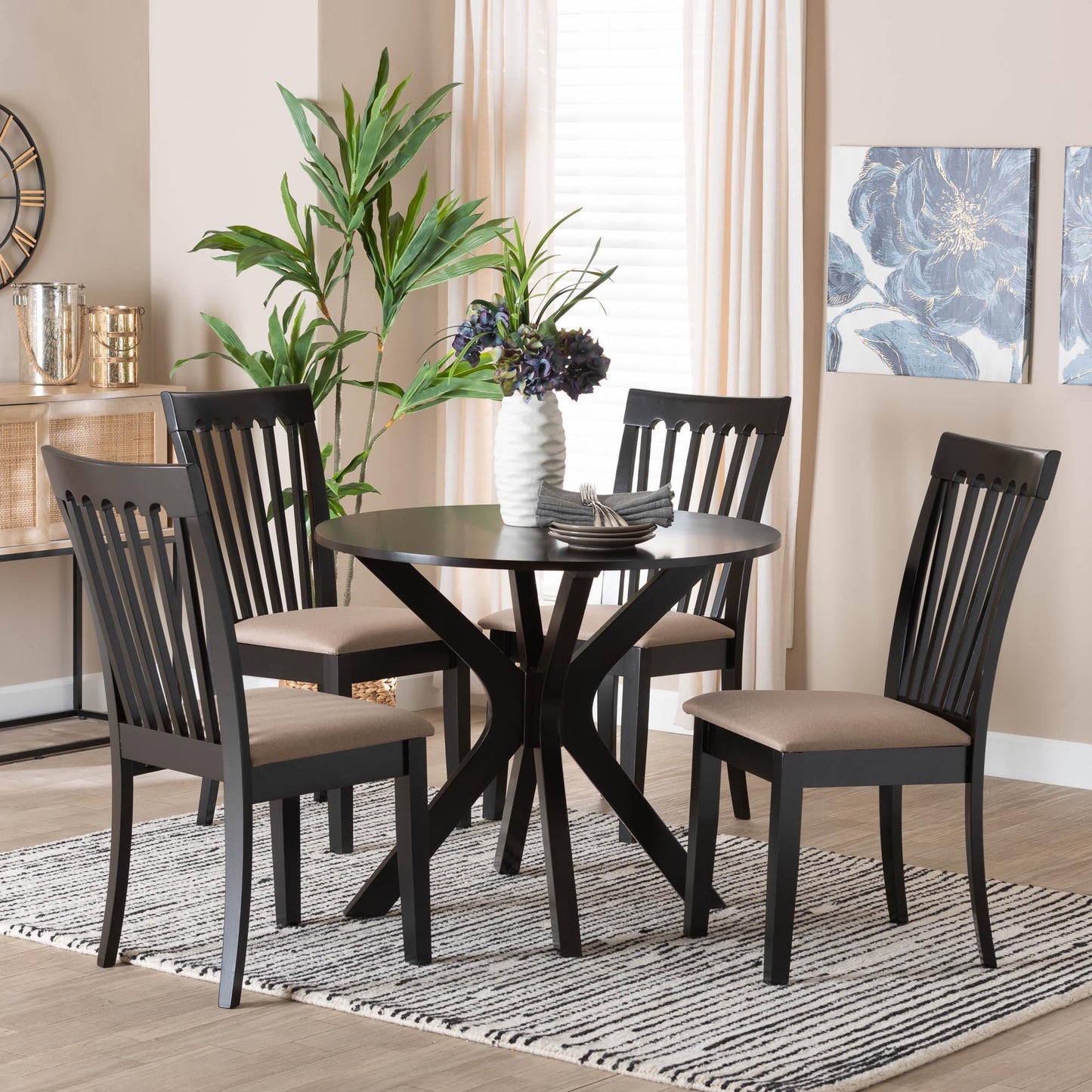 Baxton Studio Lore Modern Sand Fabric and Dark Brown Finished Wood 5-Piece Dining Set FredCo