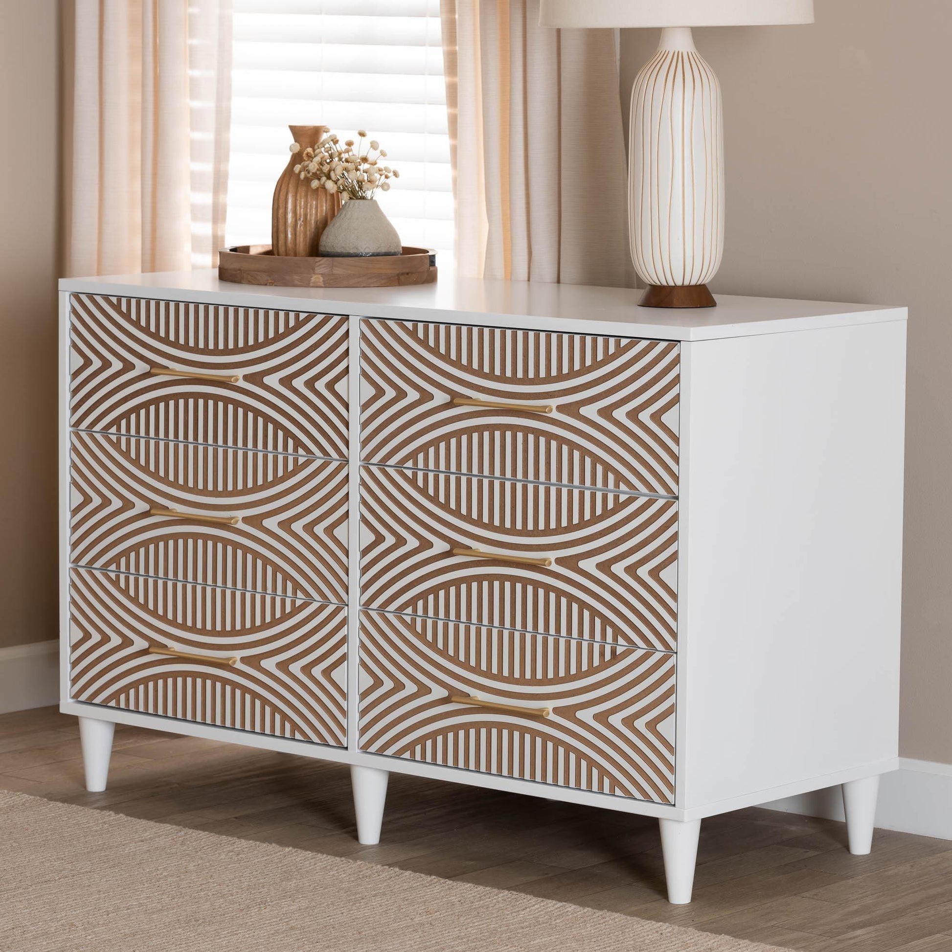 Baxton Studio Louetta Coastal White Carved Contrasting 6-Drawer Dresser FredCo