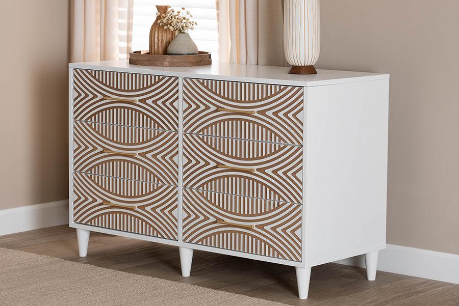 Baxton Studio Louetta Coastal White Carved Contrasting 6-Drawer Dresser FredCo