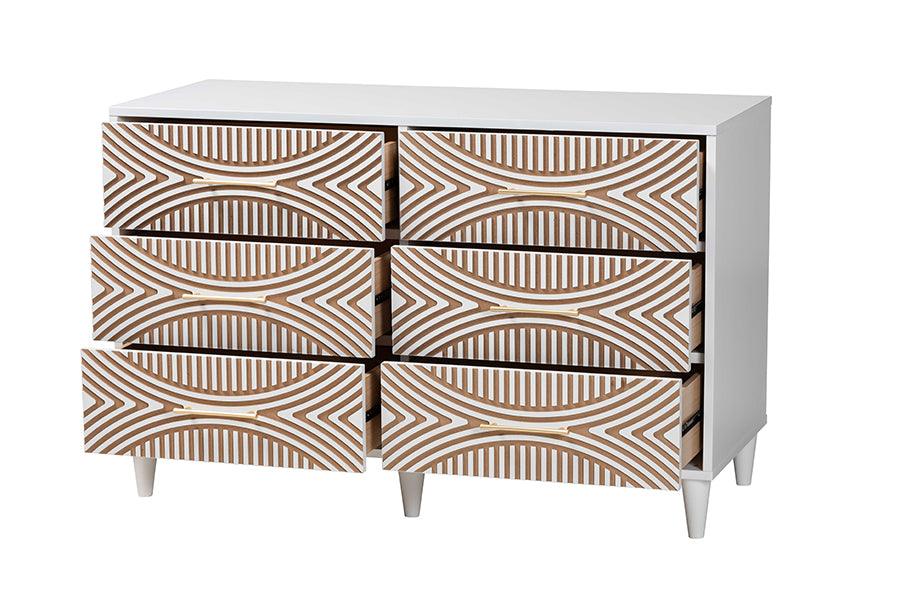 Baxton Studio Louetta Coastal White Carved Contrasting 6-Drawer Dresser FredCo