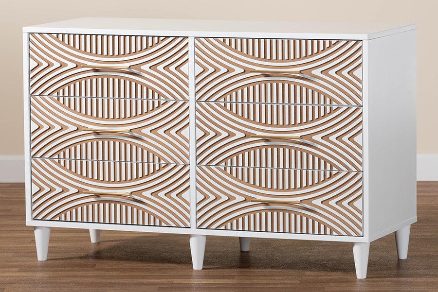 Baxton Studio Louetta Coastal White Carved Contrasting 6-Drawer Dresser FredCo