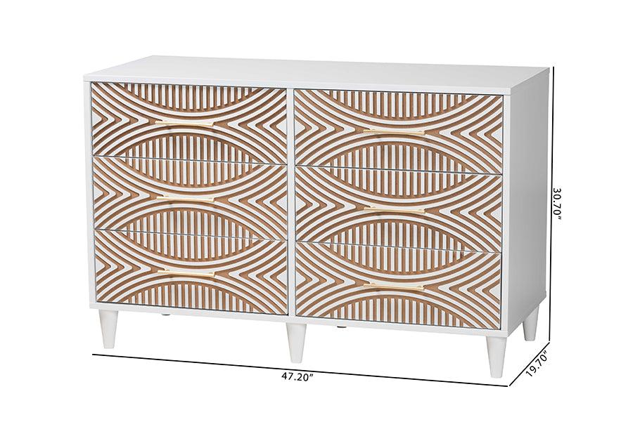 Baxton Studio Louetta Coastal White Carved Contrasting 6-Drawer Dresser FredCo