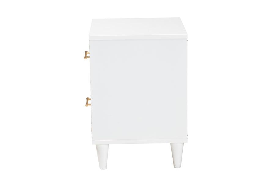 Baxton Studio Louetta Coastal White Caved Contrasting 2-Drawer Nightstand FredCo