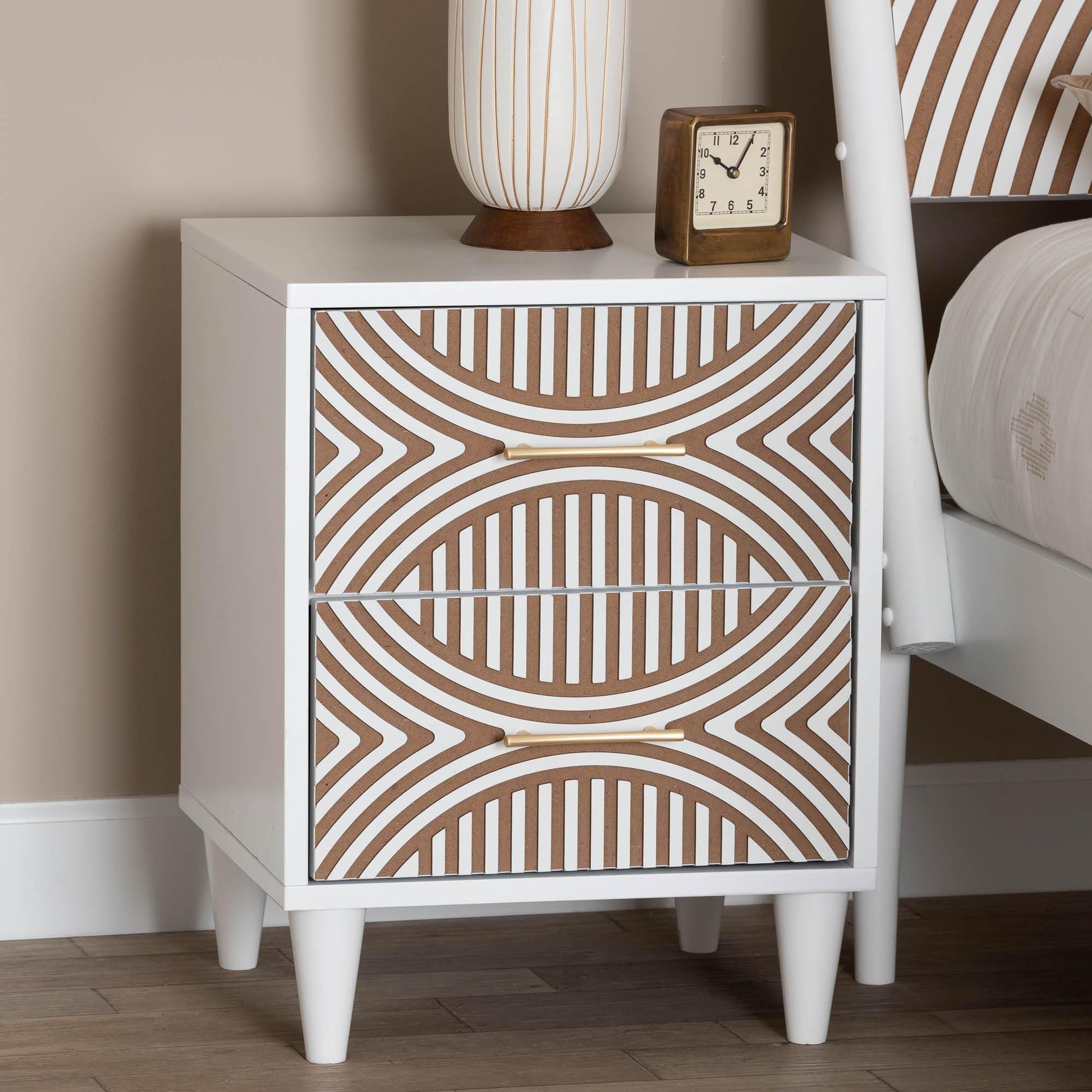 Baxton Studio Louetta Coastal White Caved Contrasting 2-Drawer Nightstand FredCo