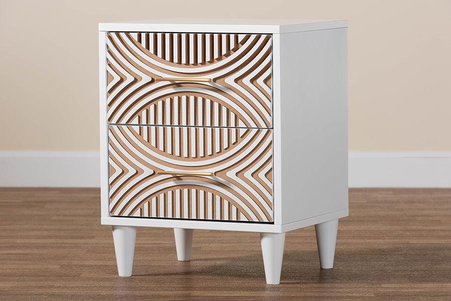 Baxton Studio Louetta Coastal White Caved Contrasting 2-Drawer Nightstand FredCo