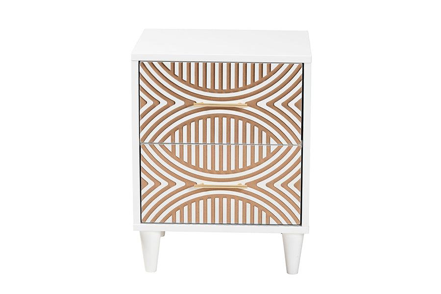 Baxton Studio Louetta Coastal White Caved Contrasting 2-Drawer Nightstand FredCo
