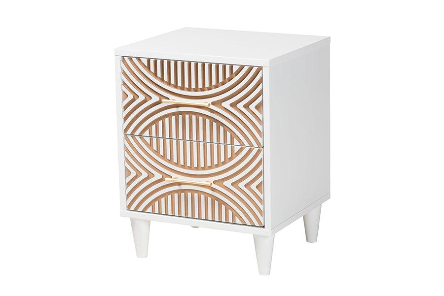 Baxton Studio Louetta Coastal White Caved Contrasting 2-Drawer Nightstand FredCo
