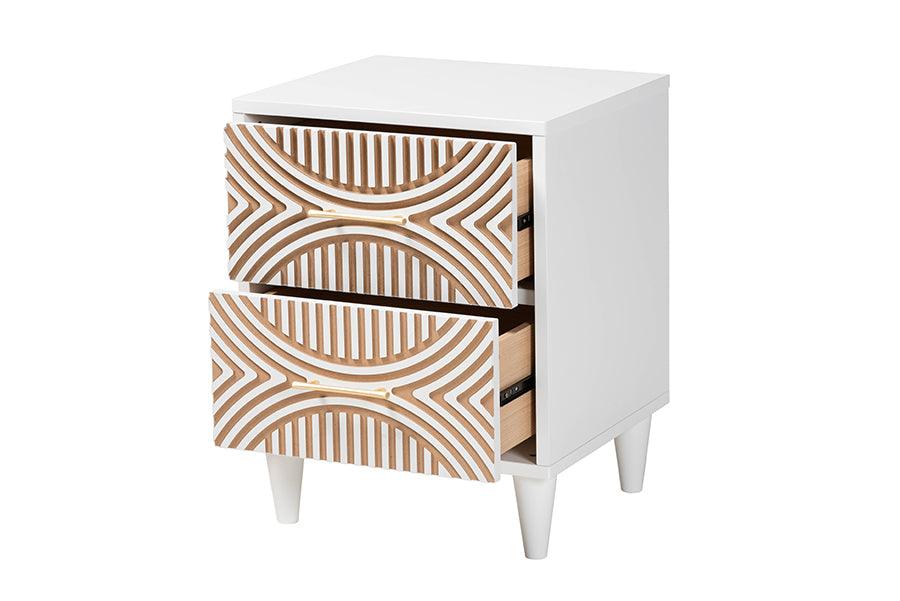 Baxton Studio Louetta Coastal White Caved Contrasting 2-Drawer Nightstand FredCo