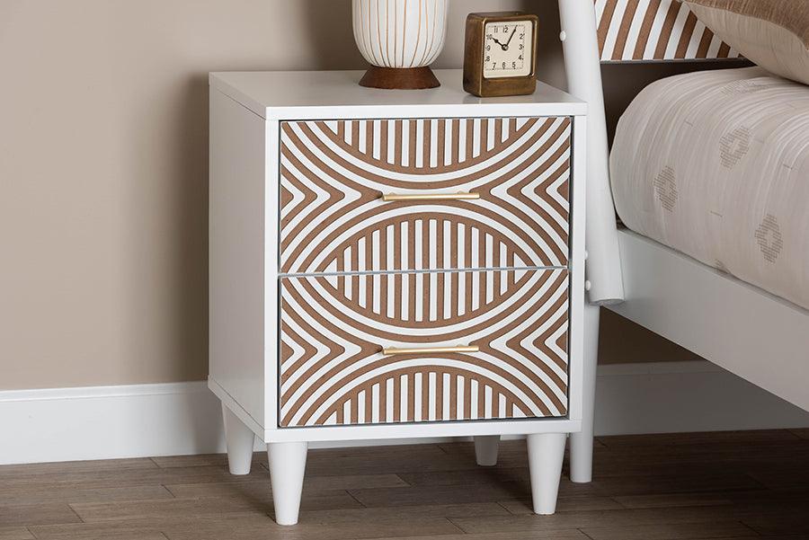 Baxton Studio Louetta Coastal White Caved Contrasting 2-Drawer Nightstand FredCo
