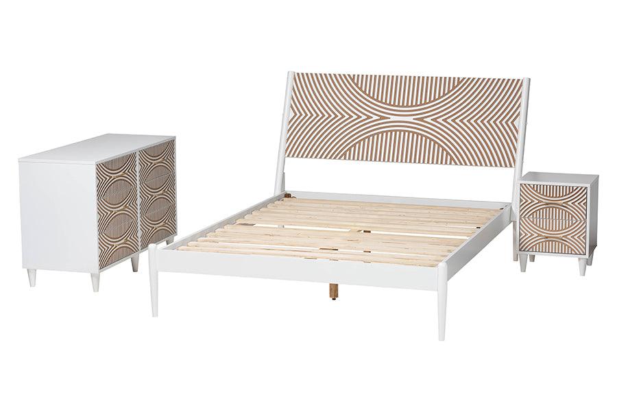 Baxton Studio Louetta Coastal White Caved Contrasting King Size 3-Piece Bedroom Set FredCo