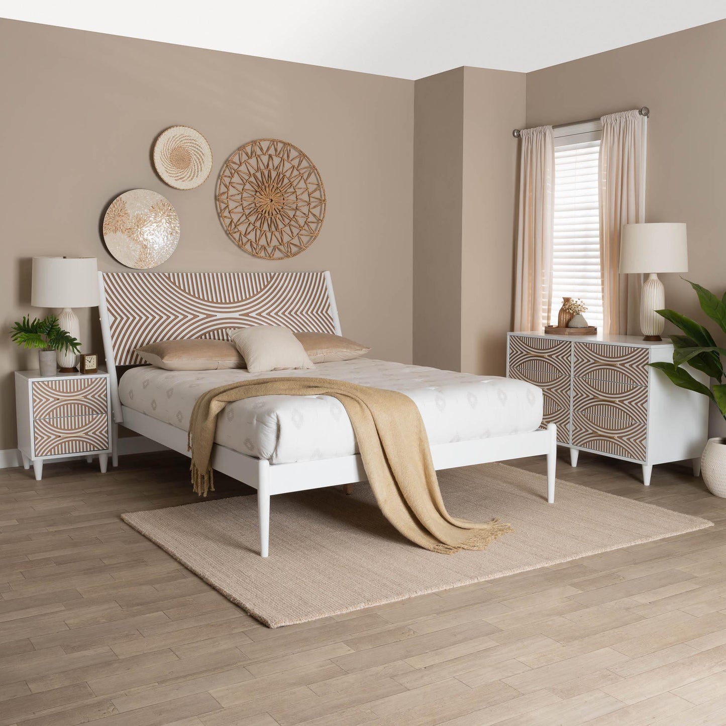 Baxton Studio Louetta Coastal White Caved Contrasting King Size 3-Piece Bedroom Set FredCo
