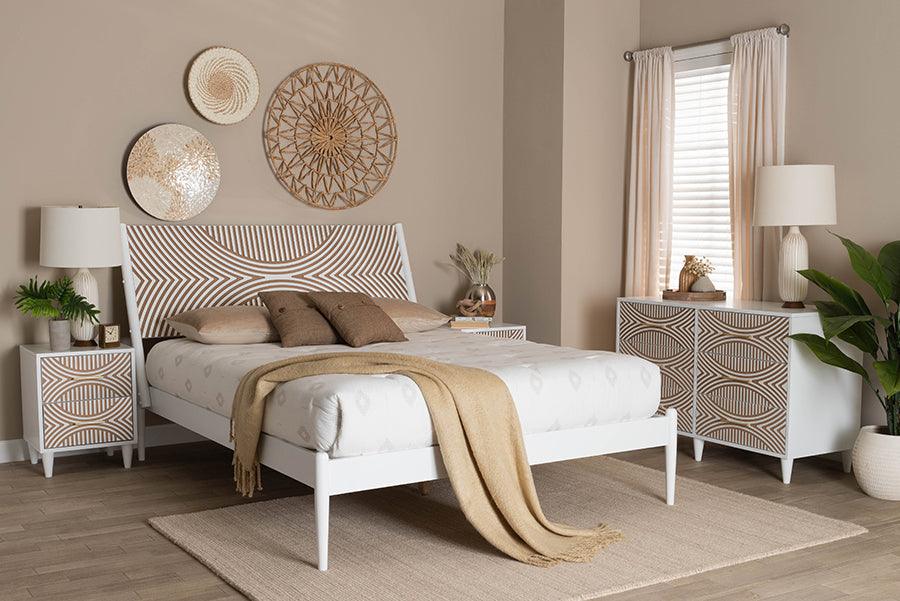 Baxton Studio Louetta Coastal White Caved Contrasting King Size 4-Piece Bedroom Set FredCo