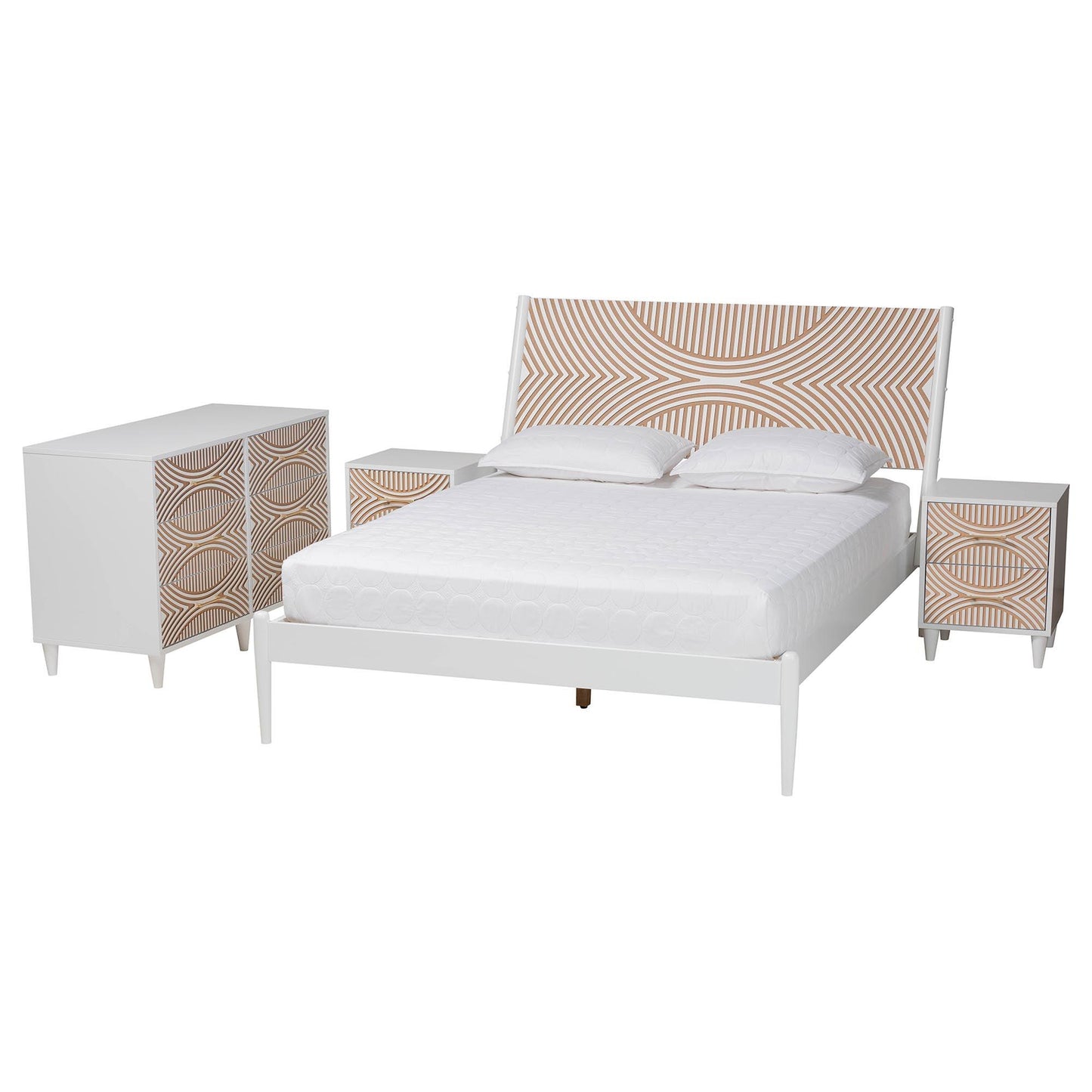 Baxton Studio Louetta Coastal White Caved Contrasting King Size 4-Piece Bedroom Set FredCo