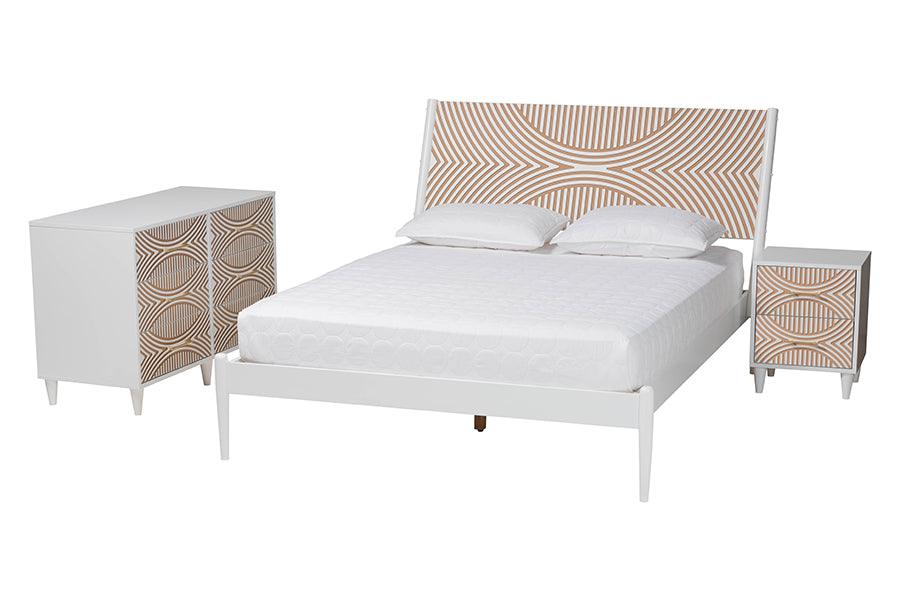 Baxton Studio Louetta Coastal White Caved Contrasting Queen Size 3-Piece Bedroom Set FredCo