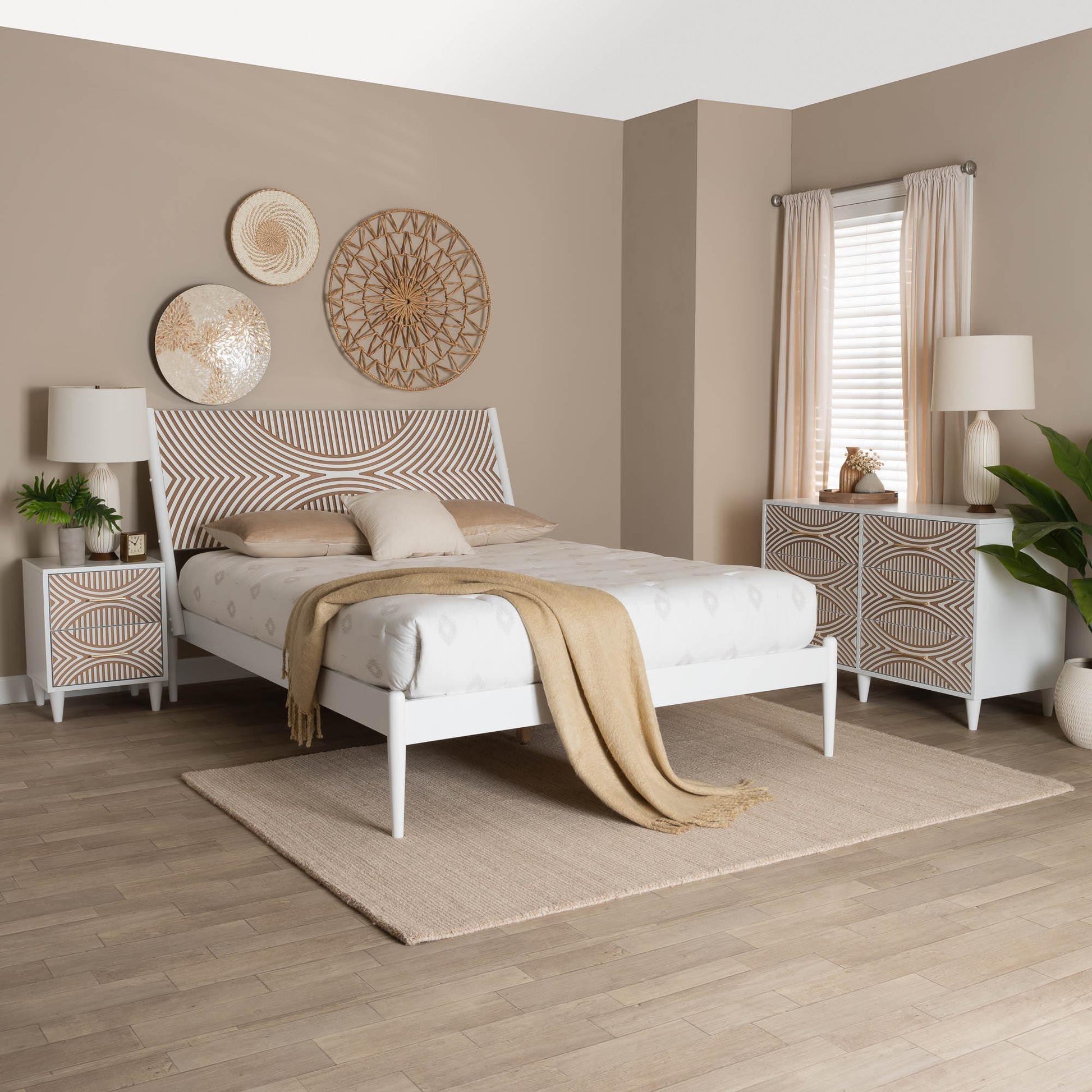 Baxton Studio Louetta Coastal White Caved Contrasting Queen Size 3-Piece Bedroom Set FredCo