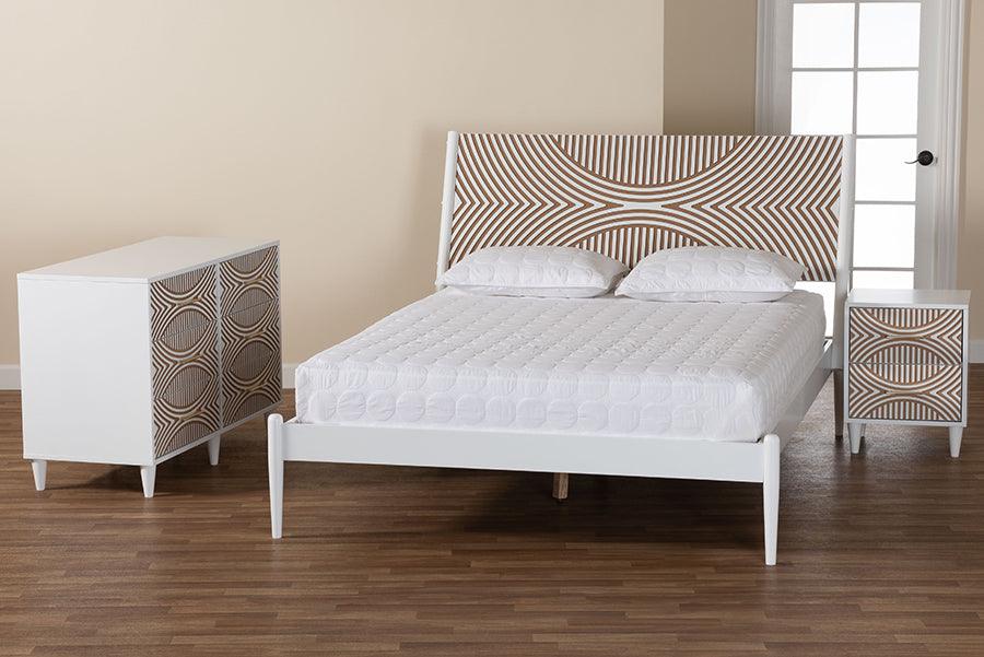 Baxton Studio Louetta Coastal White Caved Contrasting Queen Size 3-Piece Bedroom Set FredCo
