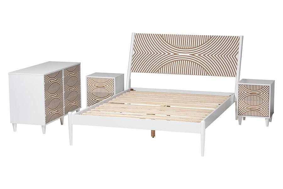 Baxton Studio Louetta Coastal White Caved Contrasting Queen Size 4-Piece Bedroom Set FredCo