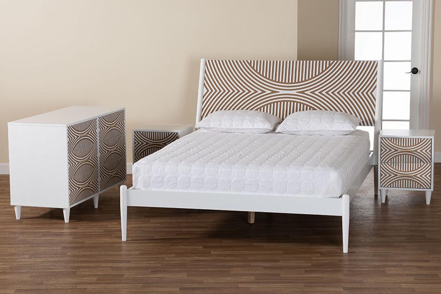 Baxton Studio Louetta Coastal White Caved Contrasting Queen Size 4-Piece Bedroom Set FredCo