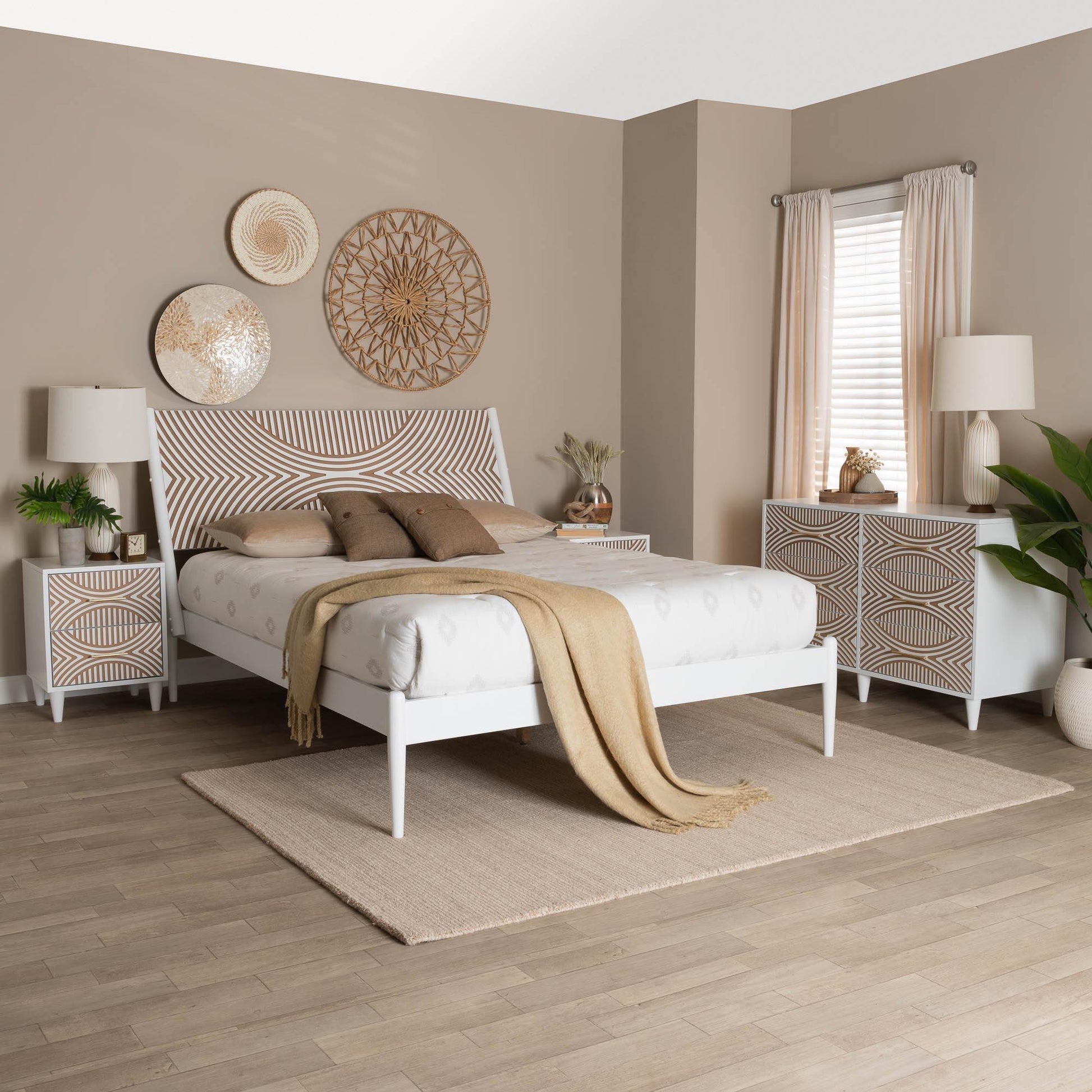 Baxton Studio Louetta Coastal White Caved Contrasting Queen Size 4-Piece Bedroom Set FredCo