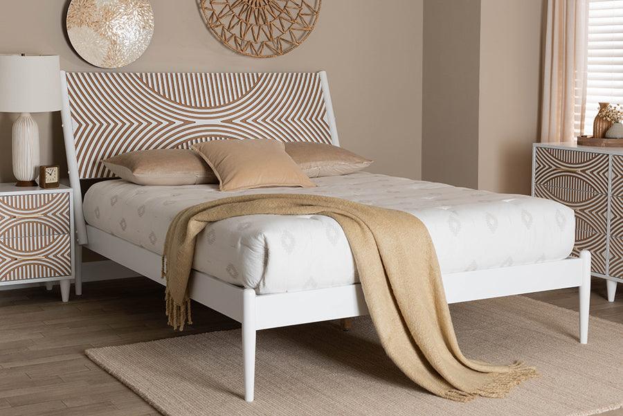 Baxton Studio Louetta Coastal White King Size Platform Bed with Carved Contrasting Headboard FredCo