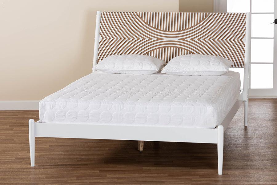 Baxton Studio Louetta Coastal White Queen Size Platform Bed with Carved Contrasting Headboard FredCo