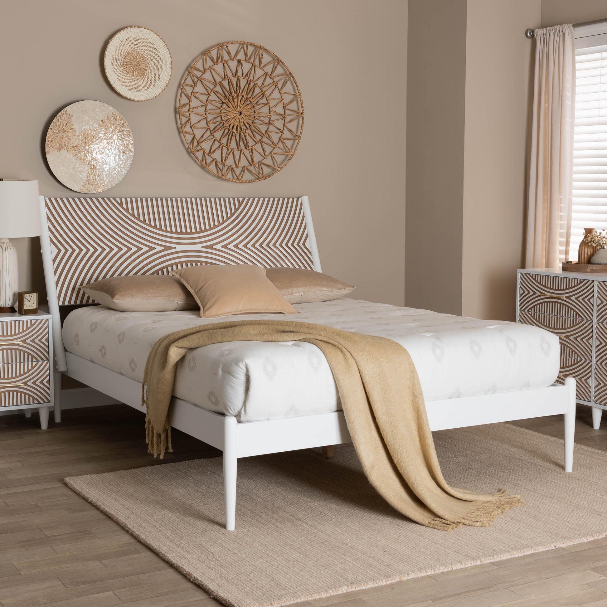 Baxton Studio Louetta Coastal White Queen Size Platform Bed with Carved Contrasting Headboard FredCo