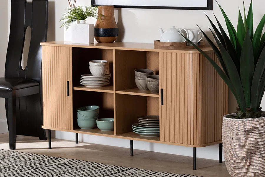 Baxton Studio Lucia Fluted Wood Sideboard - Mid-Century Modern Buffet Cabinet with Sliding Tambour Doors, 55" Wide FredCo