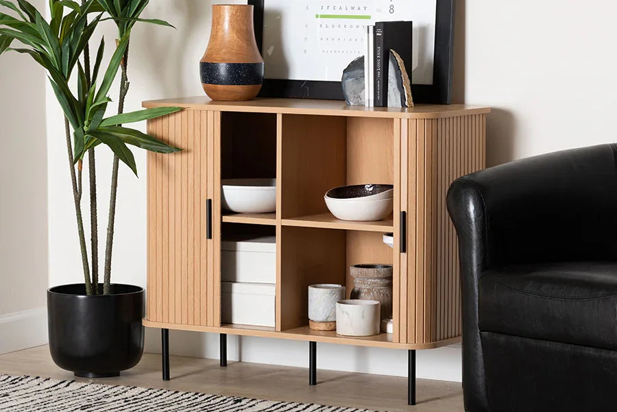 Baxton Studio Lucia Fluted Wood Storage Cabinet - Mid-Century Modern Sideboard with Sliding Tambour Doors, 35" Wide FredCo
