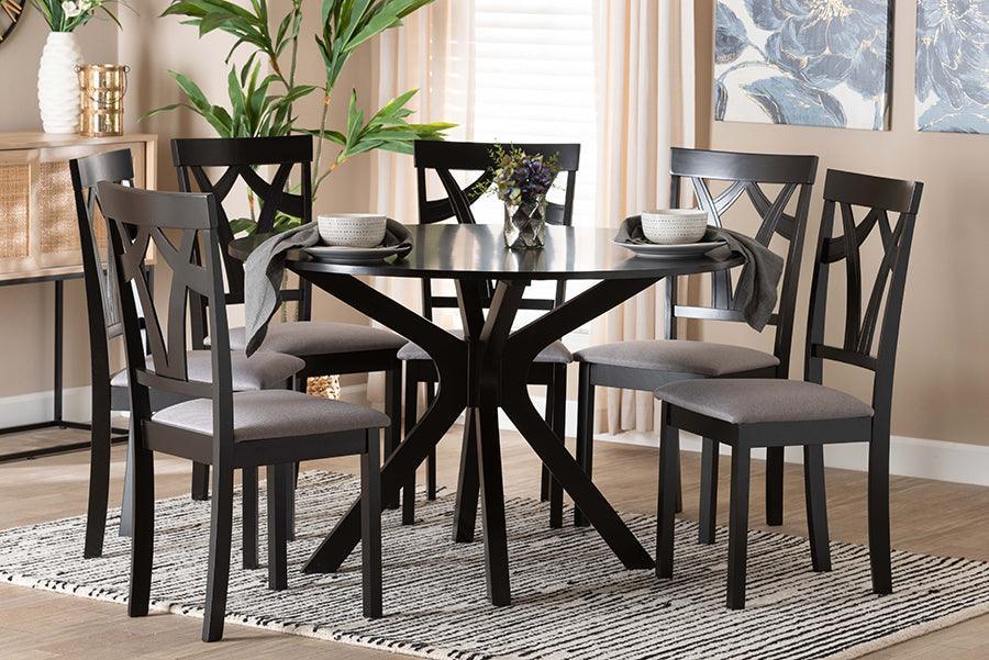 Baxton Studio Luise Modern Grey Fabric and Dark Brown Finished Wood 7-Piece Dining Set FredCo