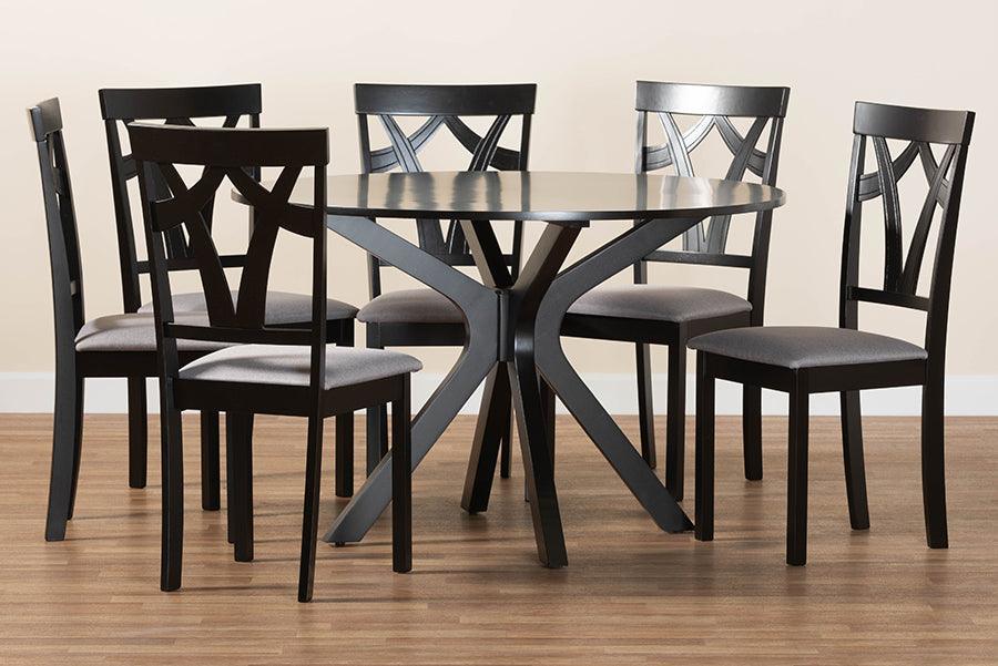 Baxton Studio Luise Modern Grey Fabric and Dark Brown Finished Wood 7-Piece Dining Set FredCo