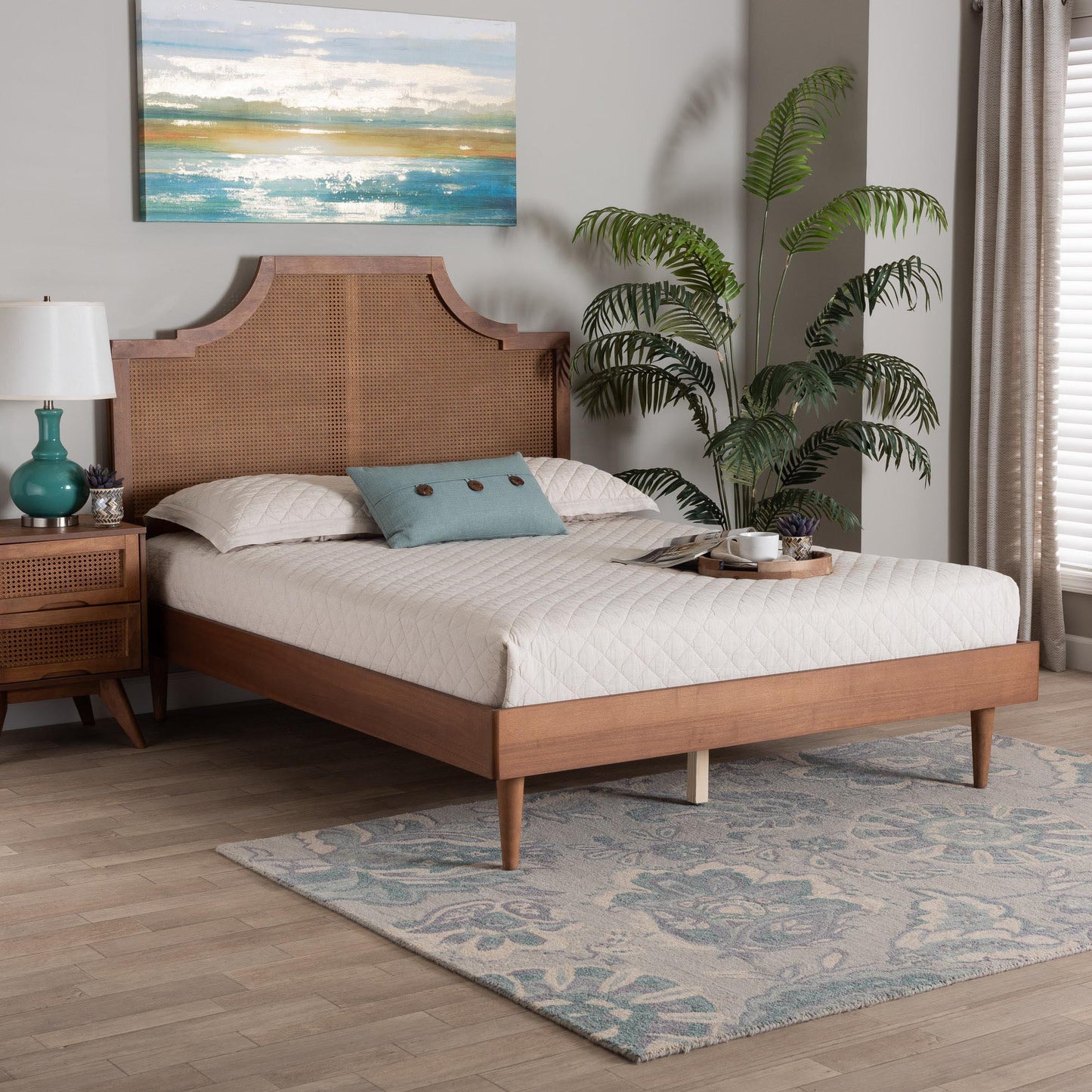 Baxton Studio Macaria Mid-Century Modern Ash Walnut Woven Rattan King Size Bed FredCo