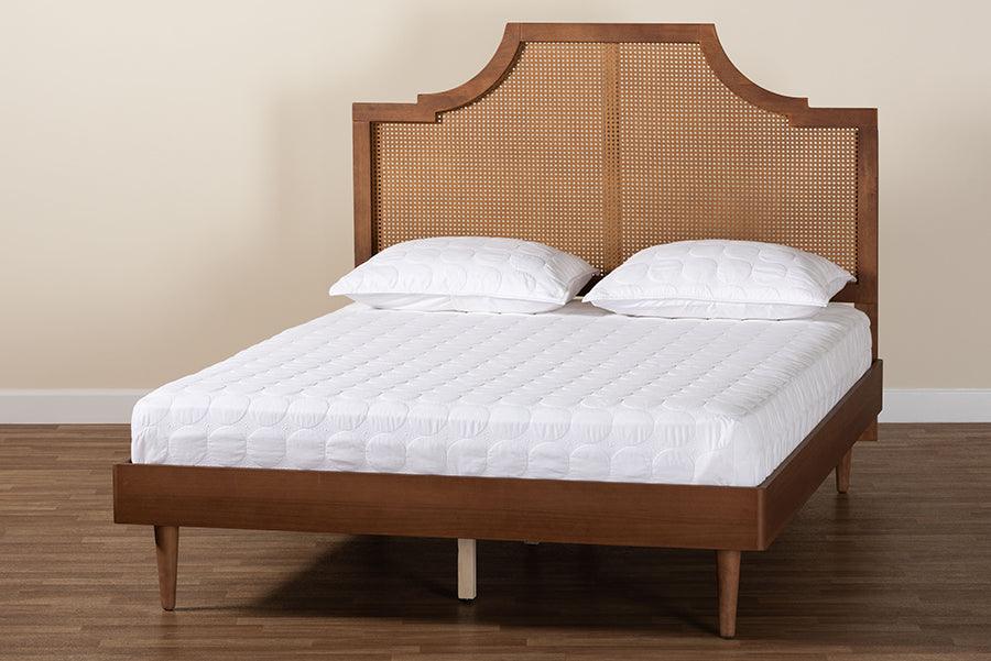 Baxton Studio Macaria Mid-Century Modern Ash Walnut Woven Rattan King Size Bed FredCo