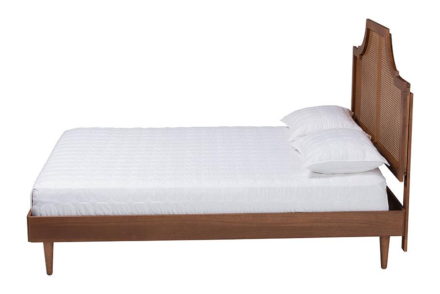 Baxton Studio Macaria Mid-Century Modern Ash Walnut Woven Rattan King Size Bed FredCo