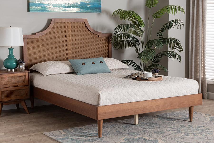 Baxton Studio Macaria Mid-Century Modern Ash Walnut Woven Rattan Queen Size Bed FredCo
