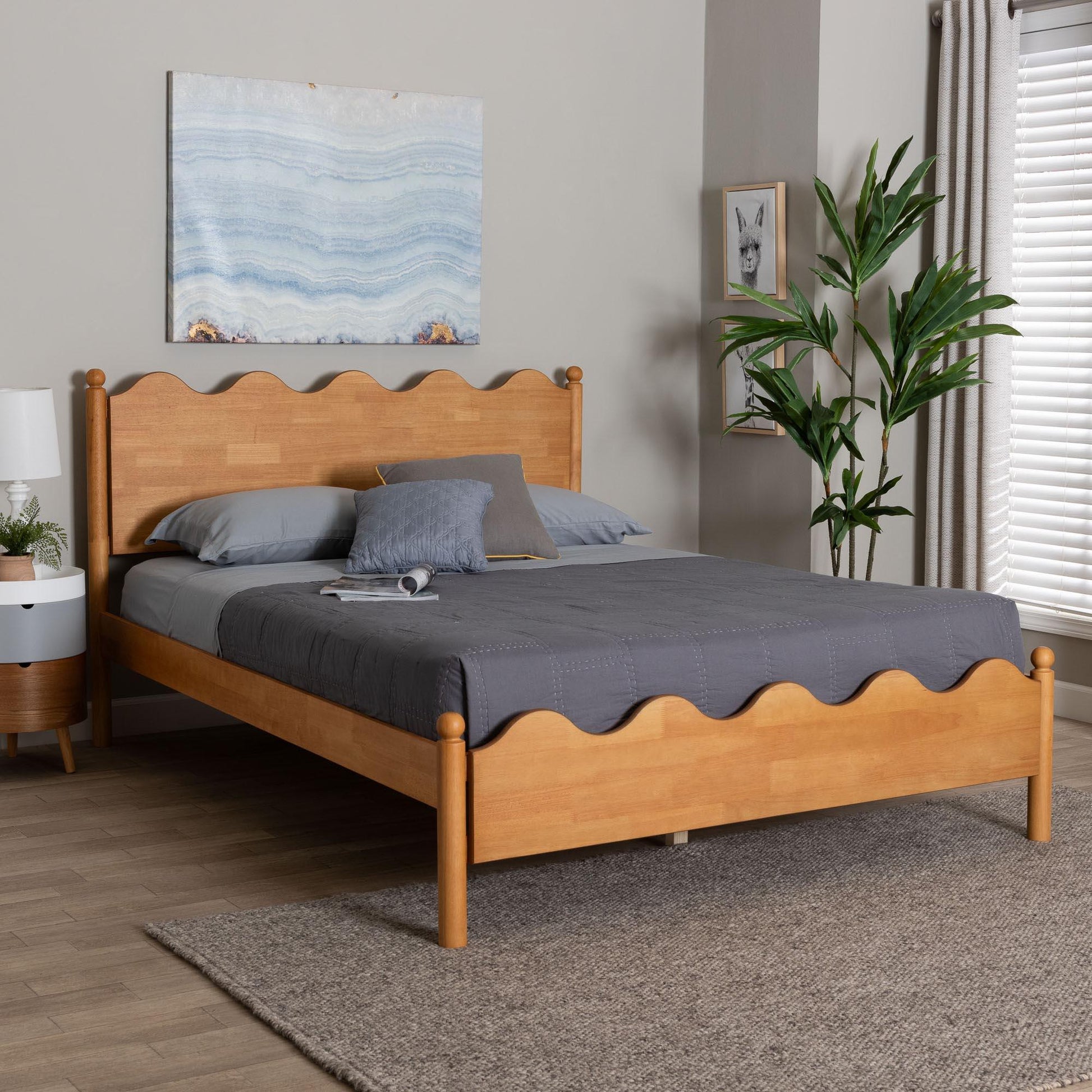 Baxton Studio Malaya Modern Oak Brown Wood Queen Platform Bed with Scalloped Edges FredCo