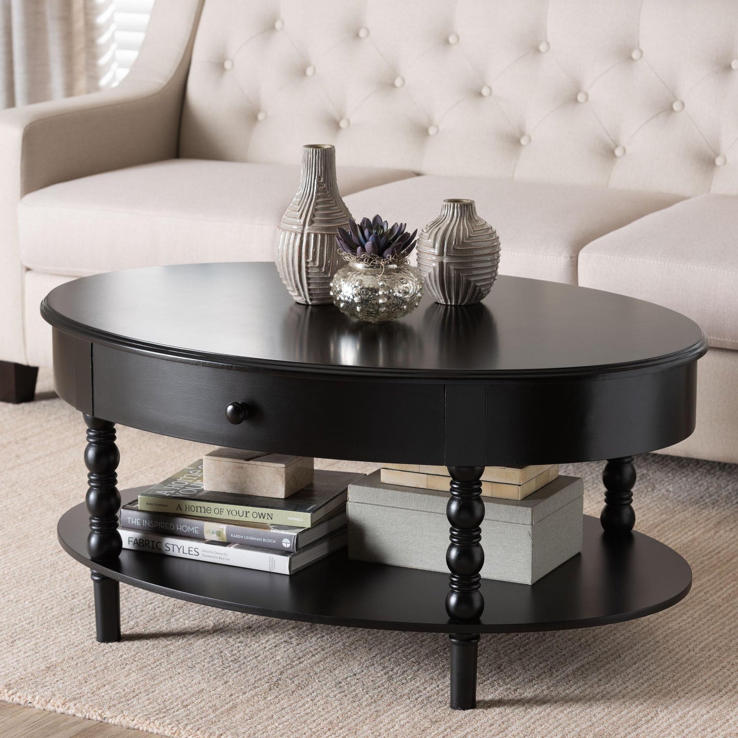 Baxton Studio Malinda Classic Black Wood 1-Drawer Coffee Table with Spindle Legs FredCo