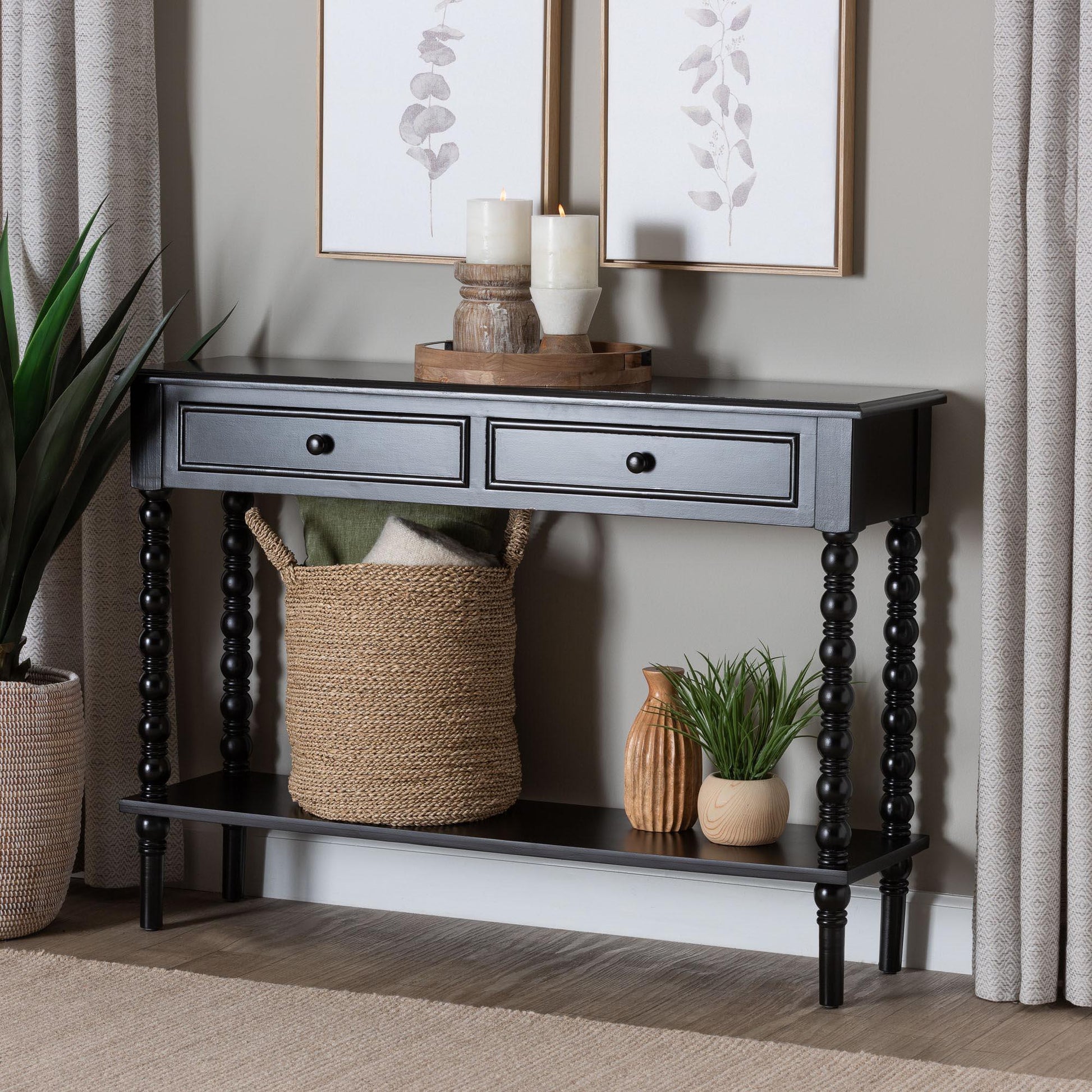 Baxton Studio Malinda Classic Black Wood 2-Drawer Console Table with Spindle Legs FredCo