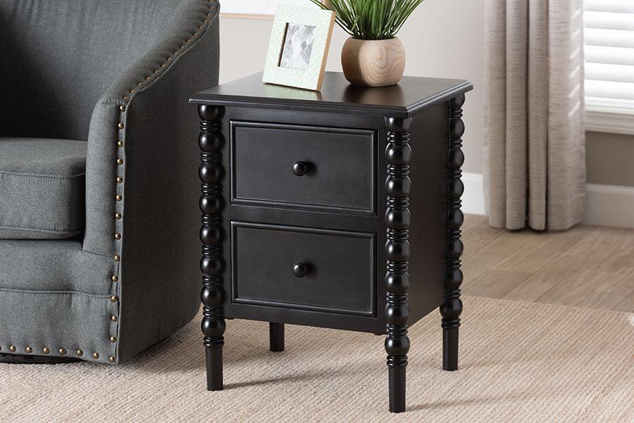 Baxton Studio Malinda Classic Black Wood 2-Drawer End Table with Spindle Legs FredCo