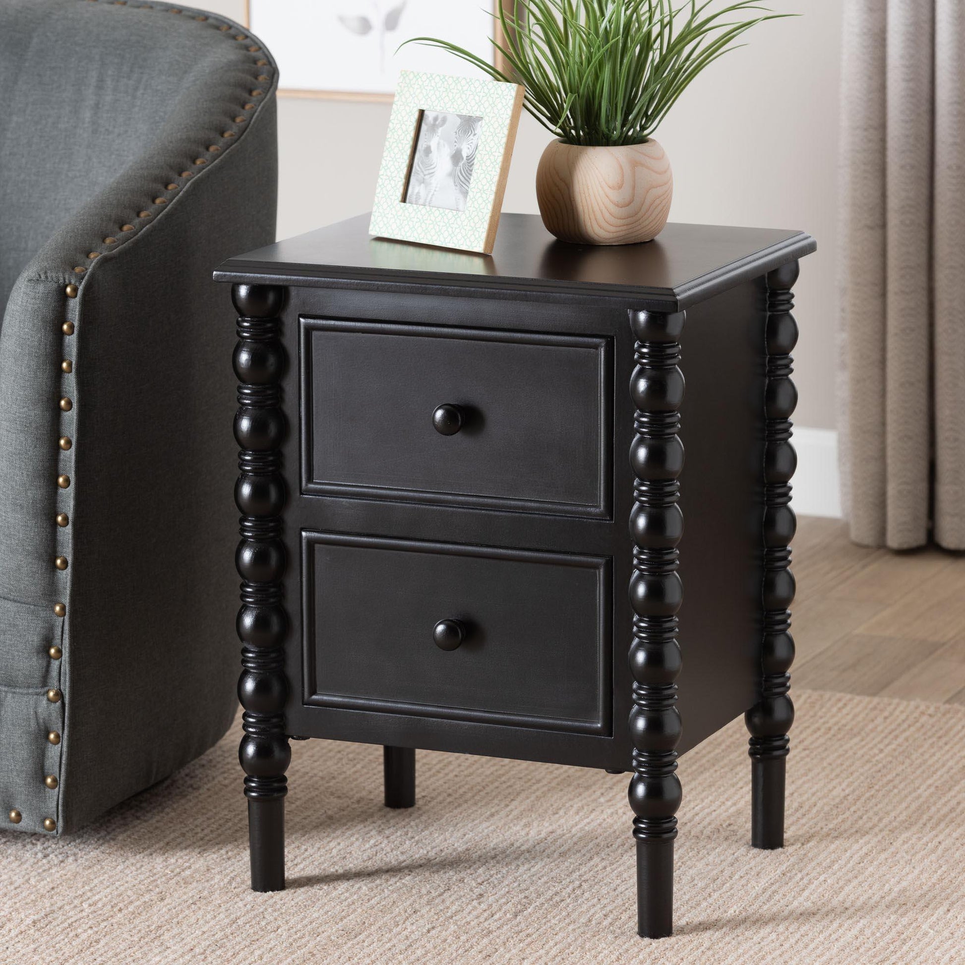 Baxton Studio Malinda Classic Black Wood 2-Drawer End Table with Spindle Legs FredCo