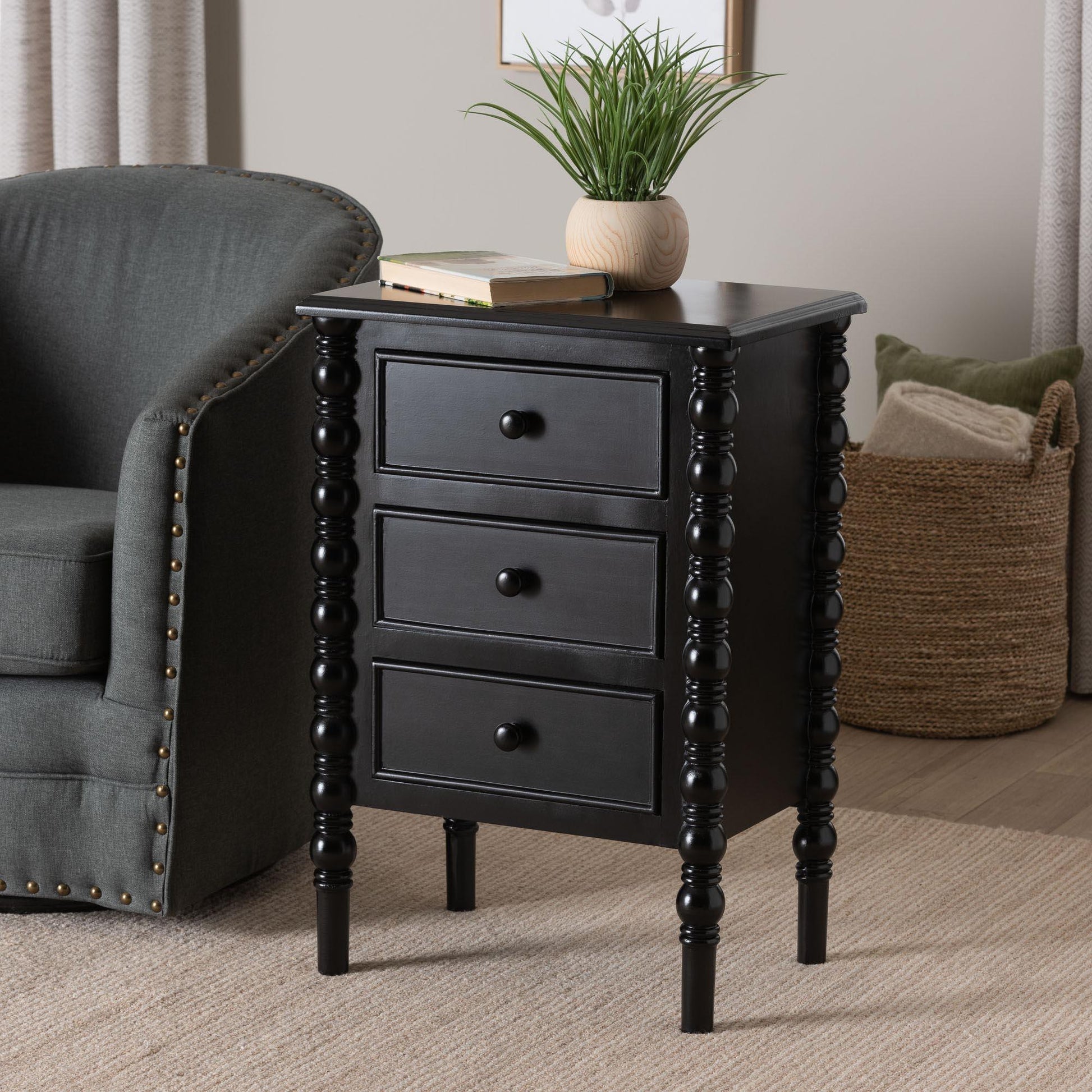 Baxton Studio Malinda Classic Black Wood 3-Drawer End Table with Spindle Legs FredCo