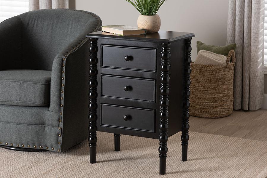 Baxton Studio Malinda Classic Black Wood 3-Drawer End Table with Spindle Legs FredCo