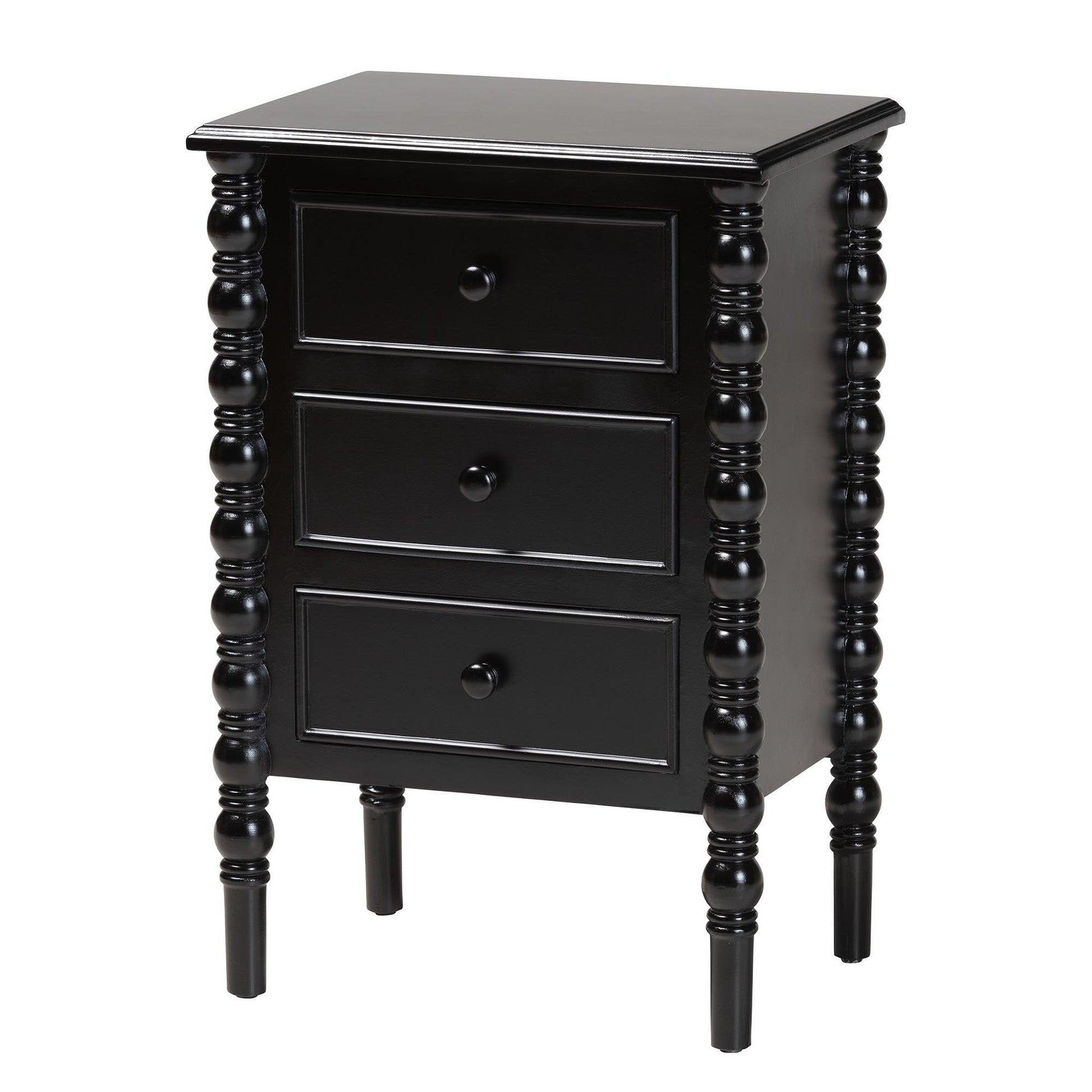 Baxton Studio Malinda Classic Black Wood 3-Drawer End Table with Spindle Legs FredCo