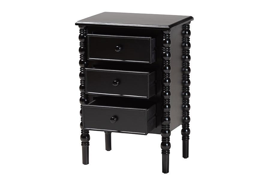 Baxton Studio Malinda Classic Black Wood 3-Drawer End Table with Spindle Legs FredCo