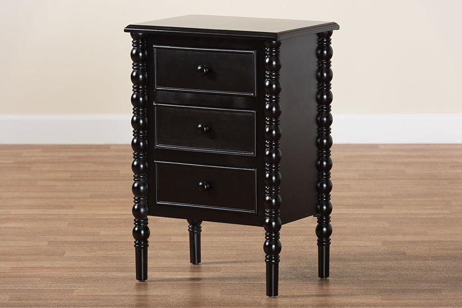Baxton Studio Malinda Classic Black Wood 3-Drawer End Table with Spindle Legs FredCo
