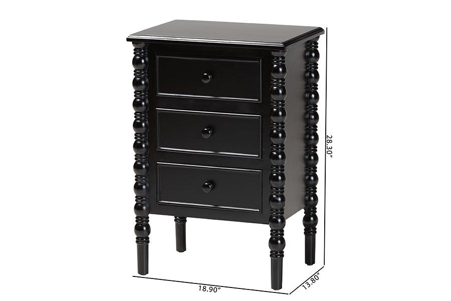 Baxton Studio Malinda Classic Black Wood 3-Drawer End Table with Spindle Legs FredCo