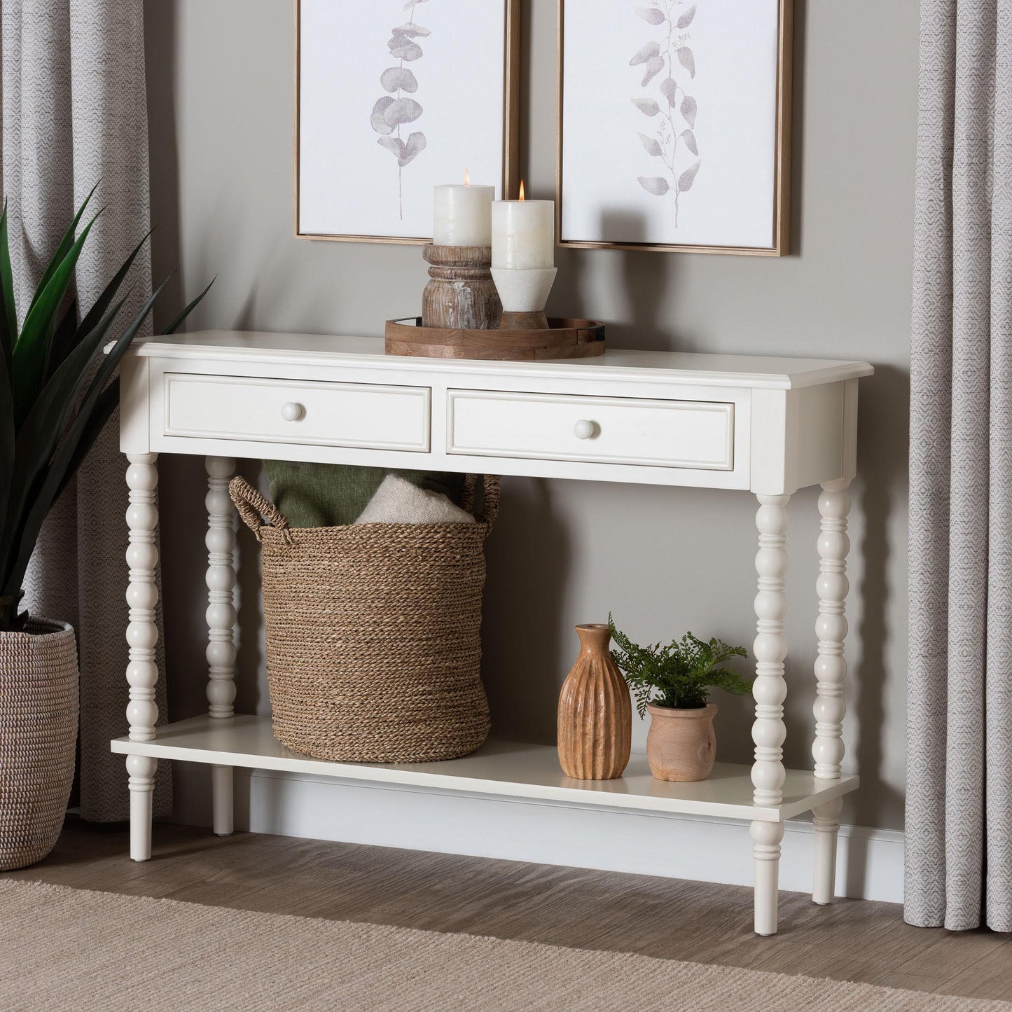 Baxton Studio Malinda Classic White Wood 2-Drawer Console Table with Spindle Legs FredCo