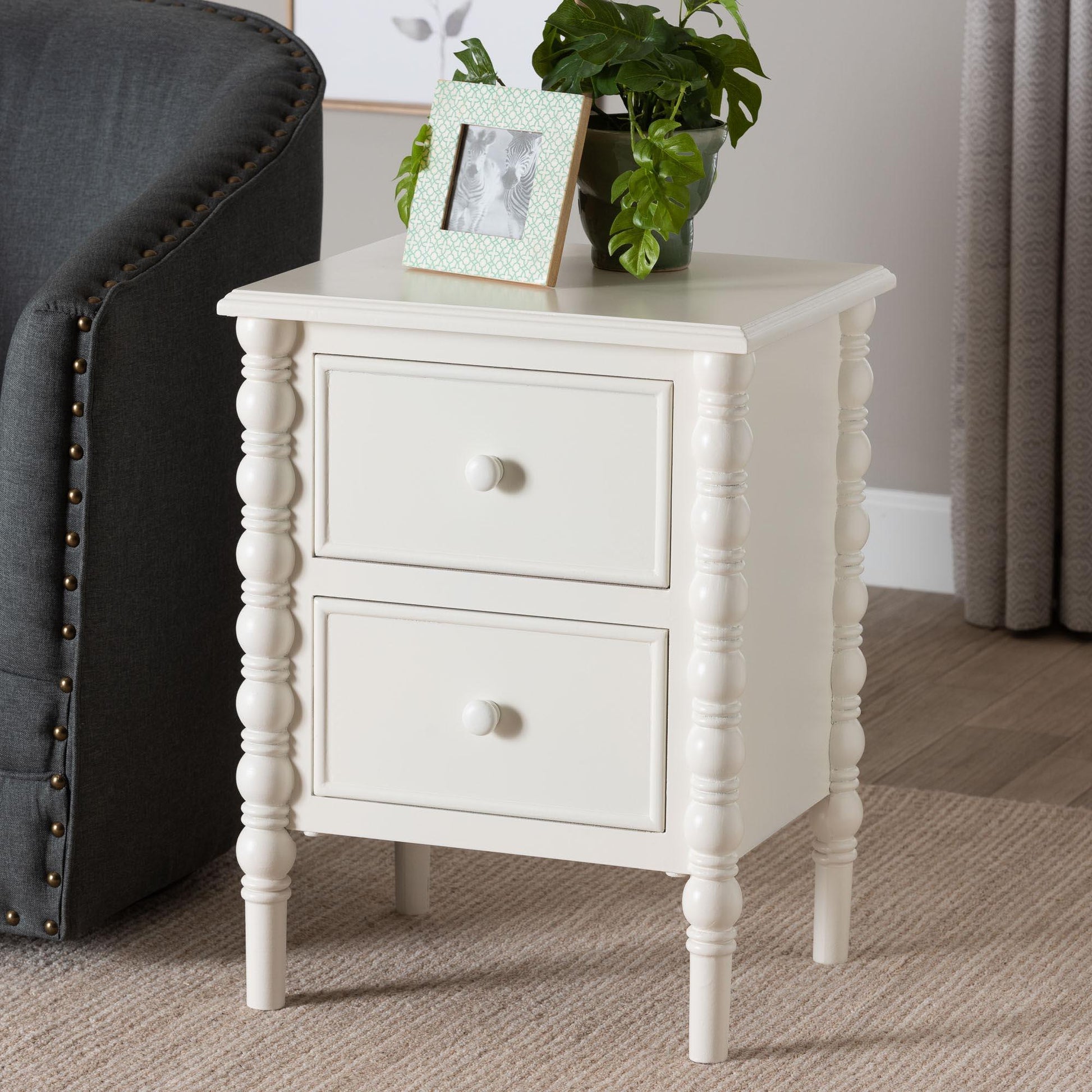 Baxton Studio Malinda Classic White Wood 2-Drawer End Table with Spindle Legs FredCo
