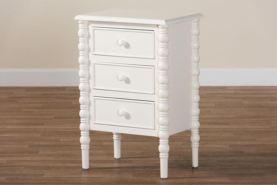 Baxton Studio Malinda Classic White Wood 3-Drawer End Table with Spindle Legs FredCo